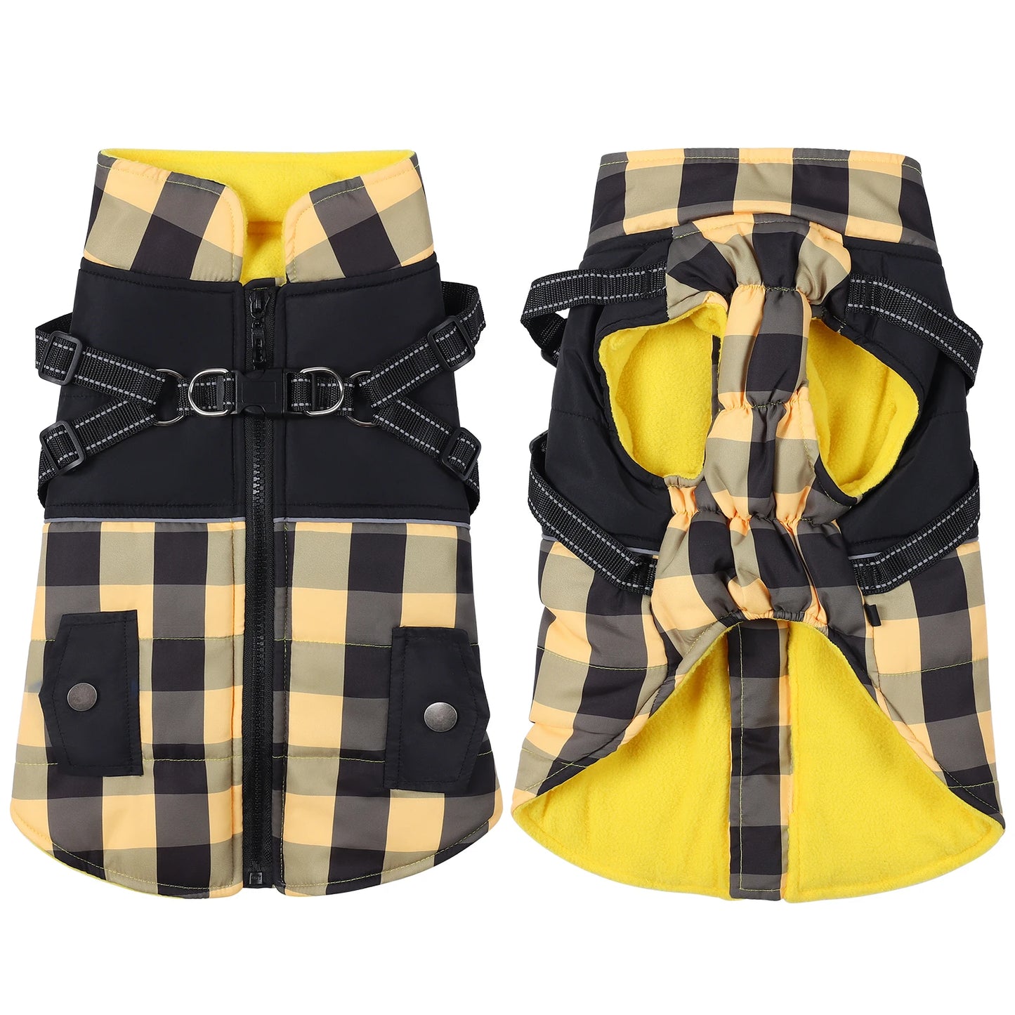 Plaid Thick Padded Jacket With Harness For Cold Weather, Windproof