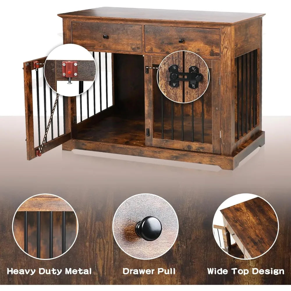 Large 44 Inch Dog Crate Furniture, Wooden Kennel End Table with Storage, Decorative Indoor Pet Cage