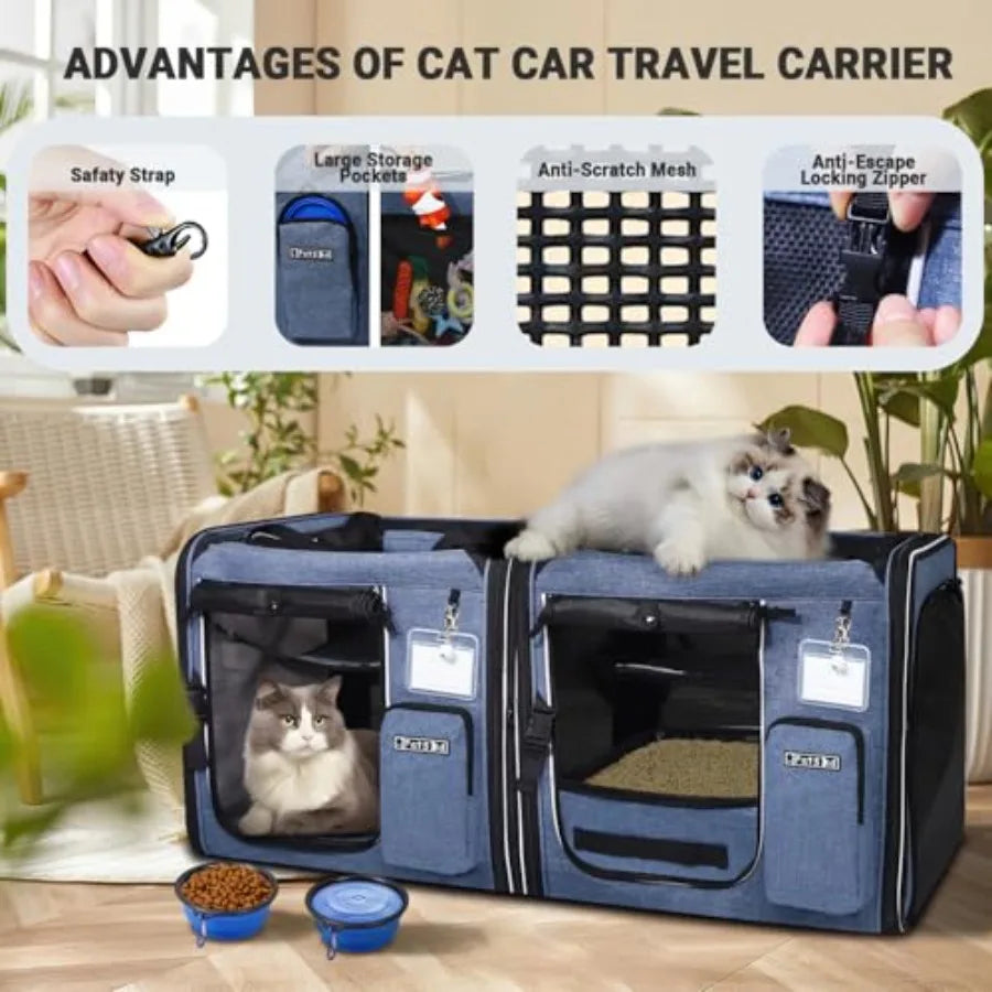 2 in 1 Double Cat Car Travel Carrier with Builtin Litter Box for Multiple Cats 38x17x18 Extra Large Portable Dual Carrier with