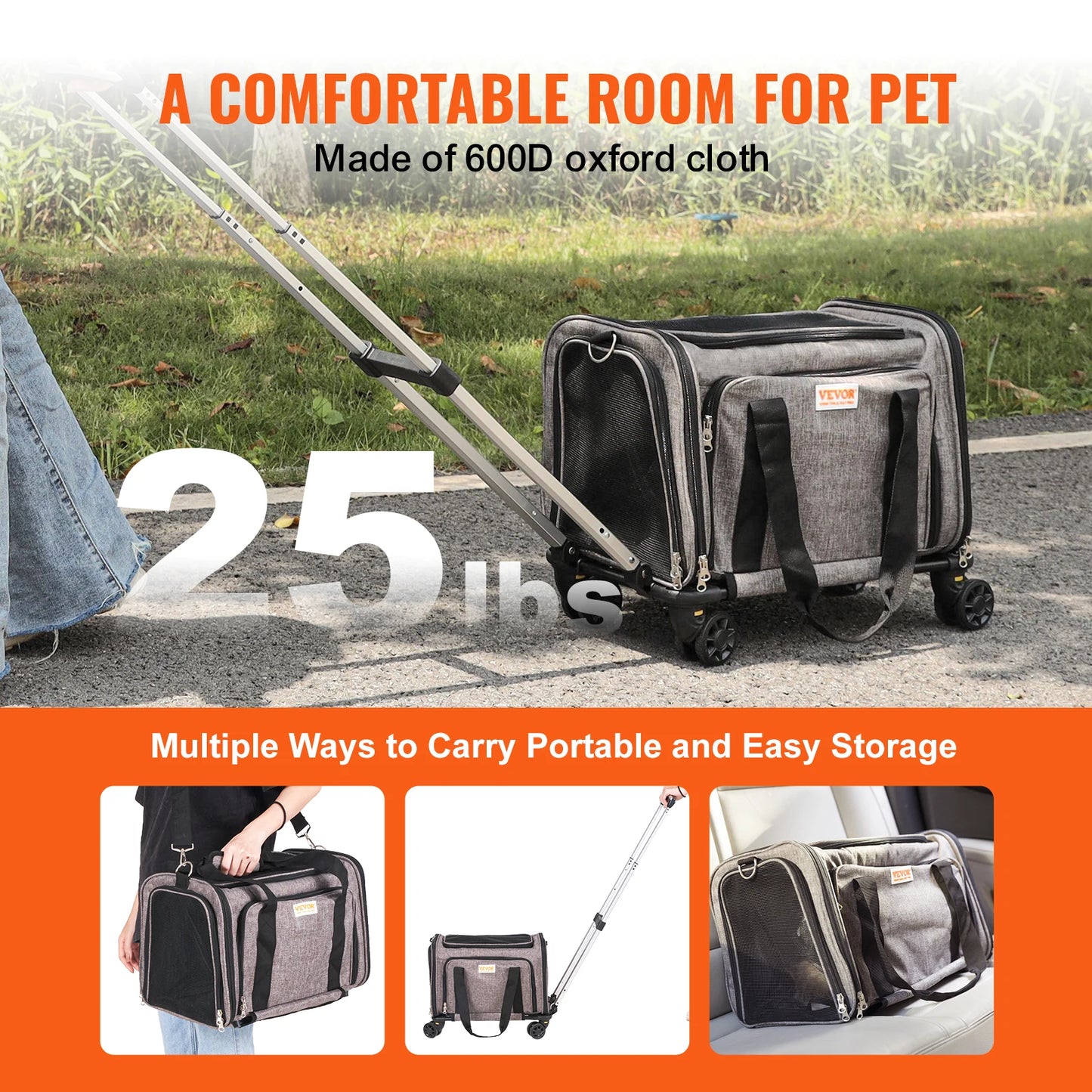 SucceBuy Pet Carrier Breathable Outgoing Dog or Cat Carry Backpack with Telescopic Handle Wheels and Shoulder Strap for Travel Trip