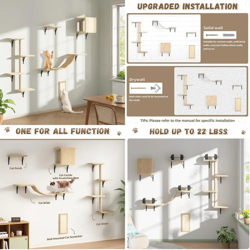 Wall Mounted Cat Furniture Set - 5 Piece Floating Shelves for Cats, Beige Color, Perfect Wall Shelves and Perches for Feline Fri