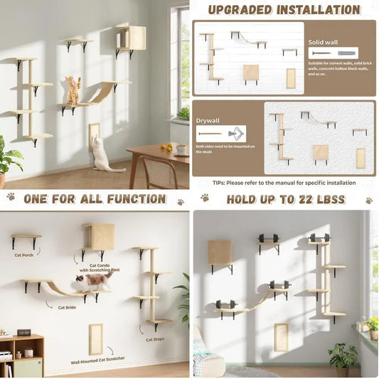 Wall Mounted Cat Furniture Set - 5 Piece Floating Shelves for Cats, Beige Color, Perfect Wall Shelves and Perches for Feline Fri