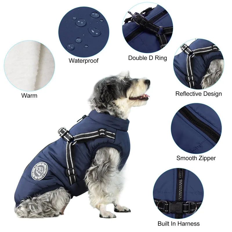 Winter Warm Dog Jacket Waterproof Pet Coat for Small Large Dog Clothes Fleece with Harness Puppy Vest Chihuahua Labrador Costume