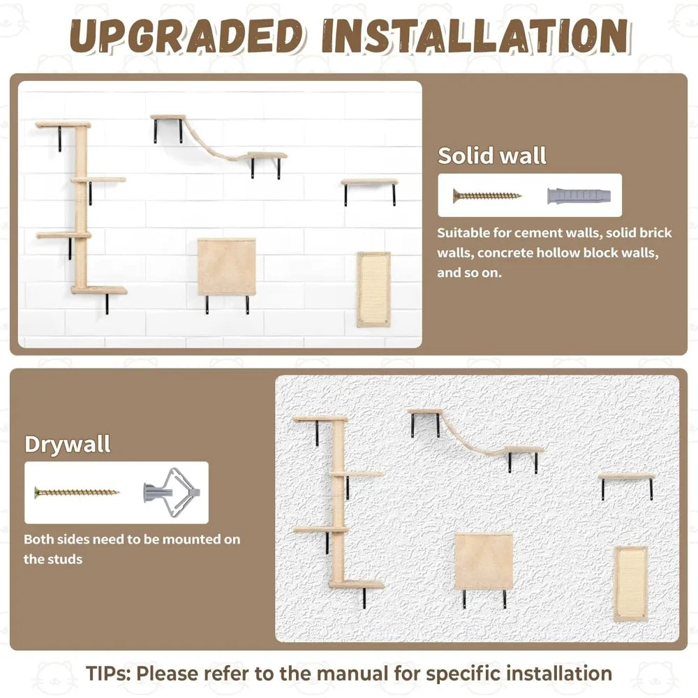 Wall Mounted Cat Furniture Set - 5 Piece Floating Shelves for Cats, Beige Color, Perfect Wall Shelves and Perches for Feline Fri