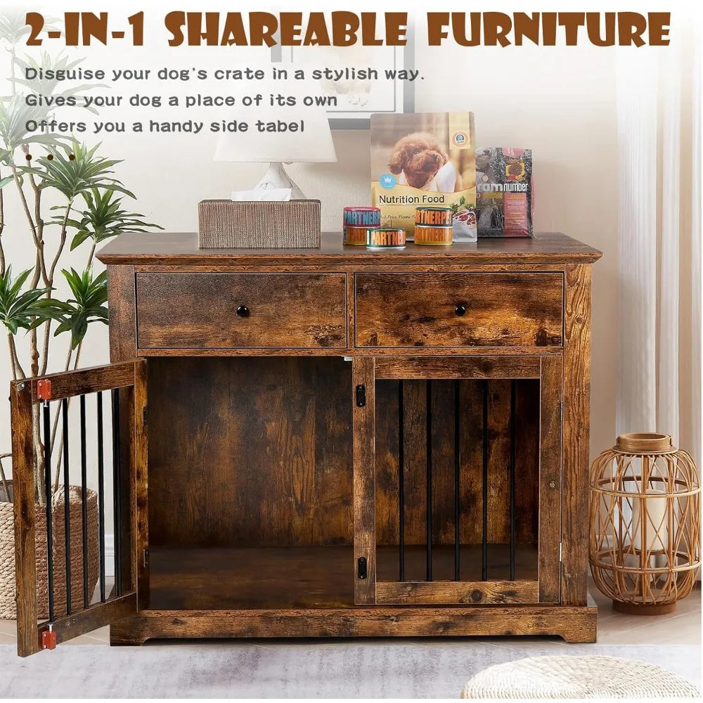 Large 44 Inch Dog Crate Furniture, Wooden Kennel End Table with Storage, Decorative Indoor Pet Cage