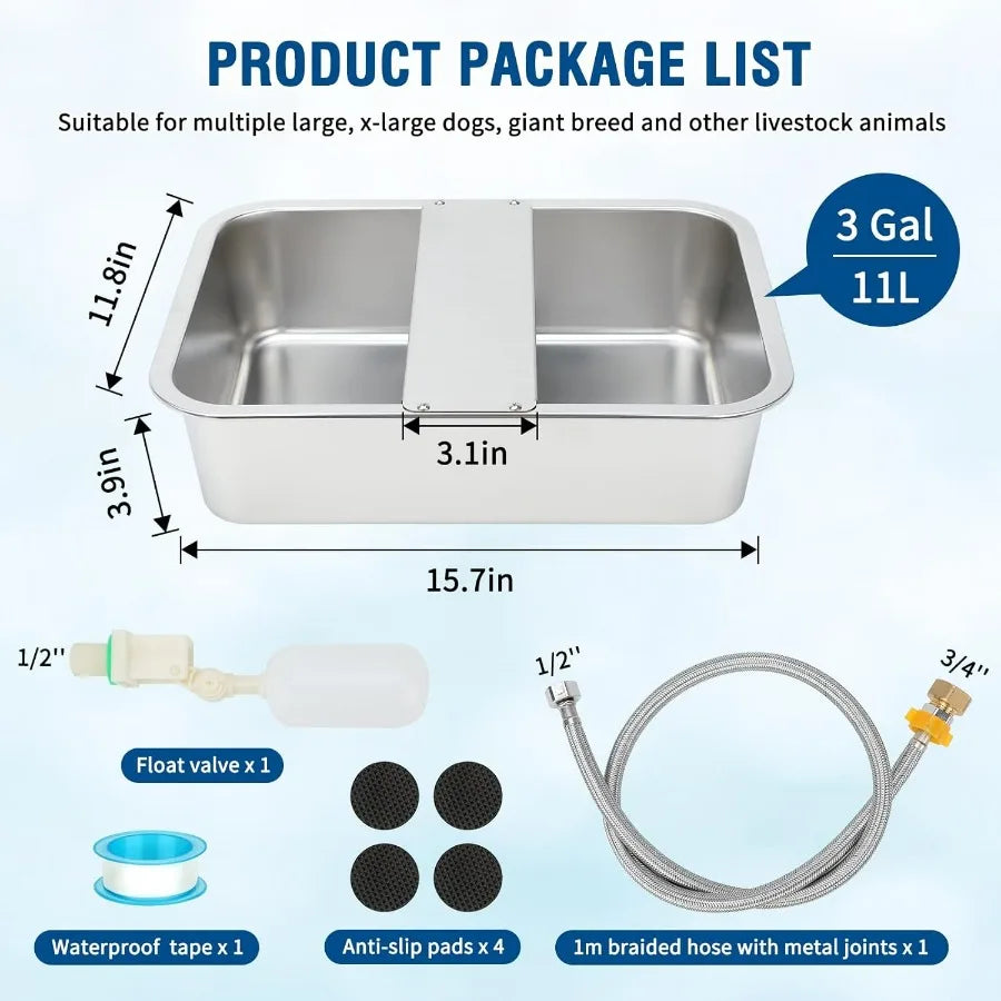 3 Gal Automatic Dog Water Dispenser for Large Dogs Stainless Steel Outdoor Water Bowl Large Breed Self Filling Dog Waterer Feed