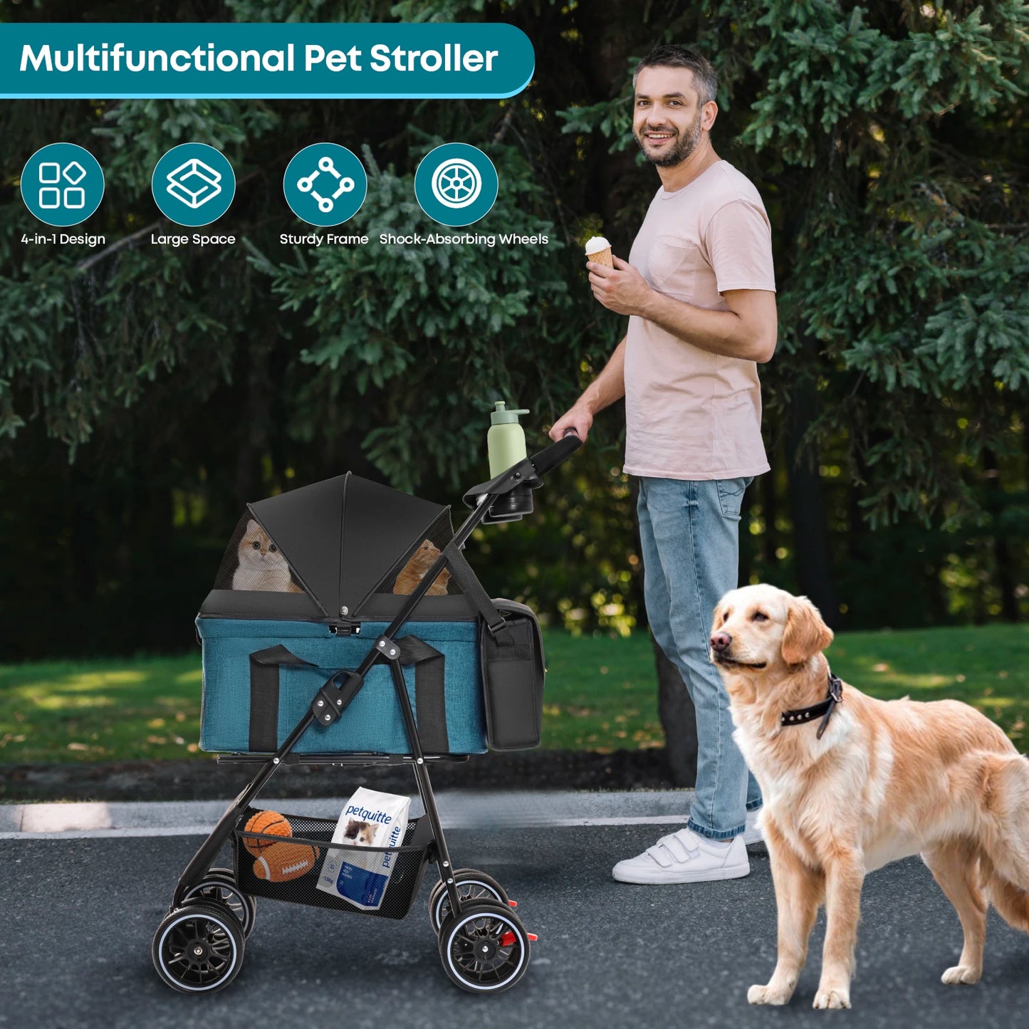3 in 1 Pet Stroller For Dogs Cats Lightweight And Foldable Bag Detachable External Push Dog Walking Detachable Carrying