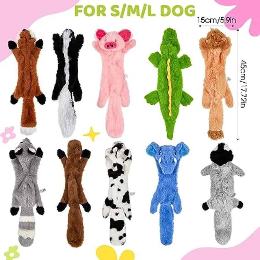 10 Pack Squeaky Plush Dog Toys No Stuffing Crinkle Chew Toys for Small Medium Large Breeds Durable Squirrel Raccoon Skunk Anima