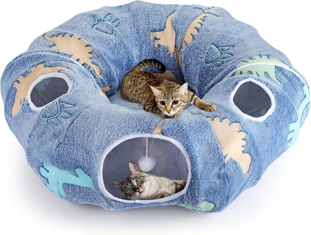Foldable Cat Tunnel – Interactive Play System with Peekaboo Cave, Plush Bed & 4 Entry Points