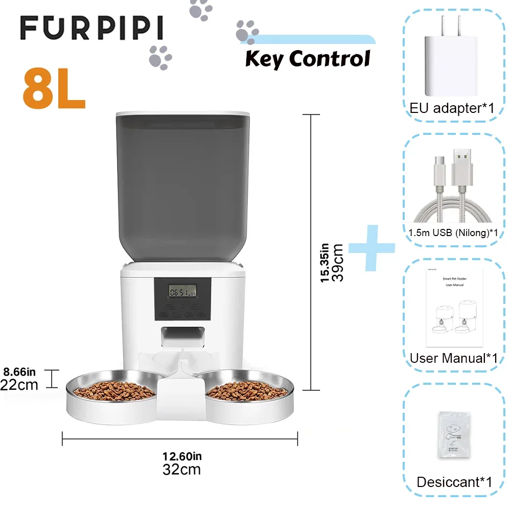 Furpipi 4L/8L Automatic Cat Feeder with Key Control Furpipi Manufacture User-Friendly Time Setting Feeder for Pets Dogs Cats