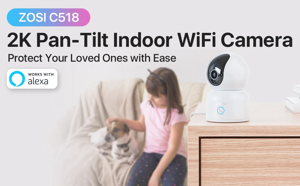 ZOSI C518 Indoor Pan/Tilt Smart Security IP Camera 2K 360° Pet Monitor AI Tracking 2.4G/5G WiFi Surveillance Camera