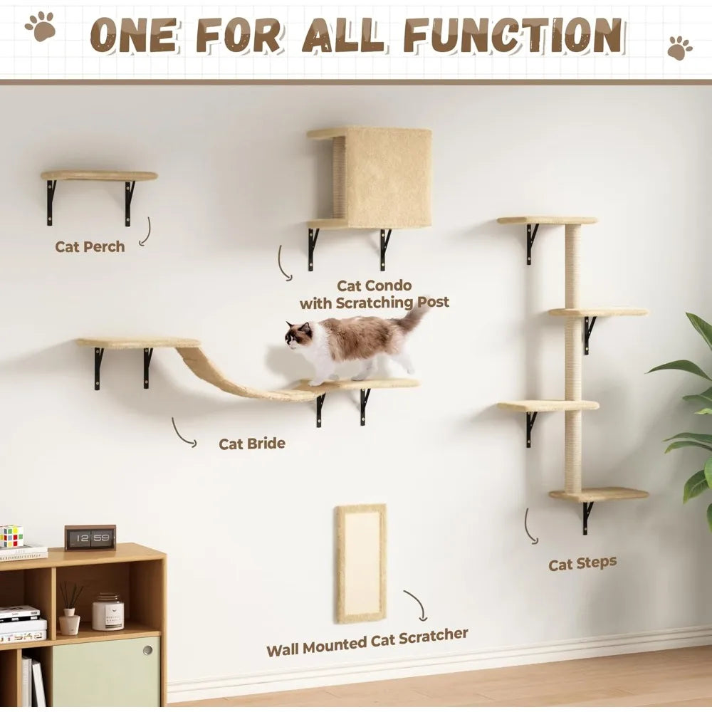Wall Mounted Cat Furniture Set - 5 Piece Floating Shelves for Cats, Beige Color, Perfect Wall Shelves and Perches for Feline Fri