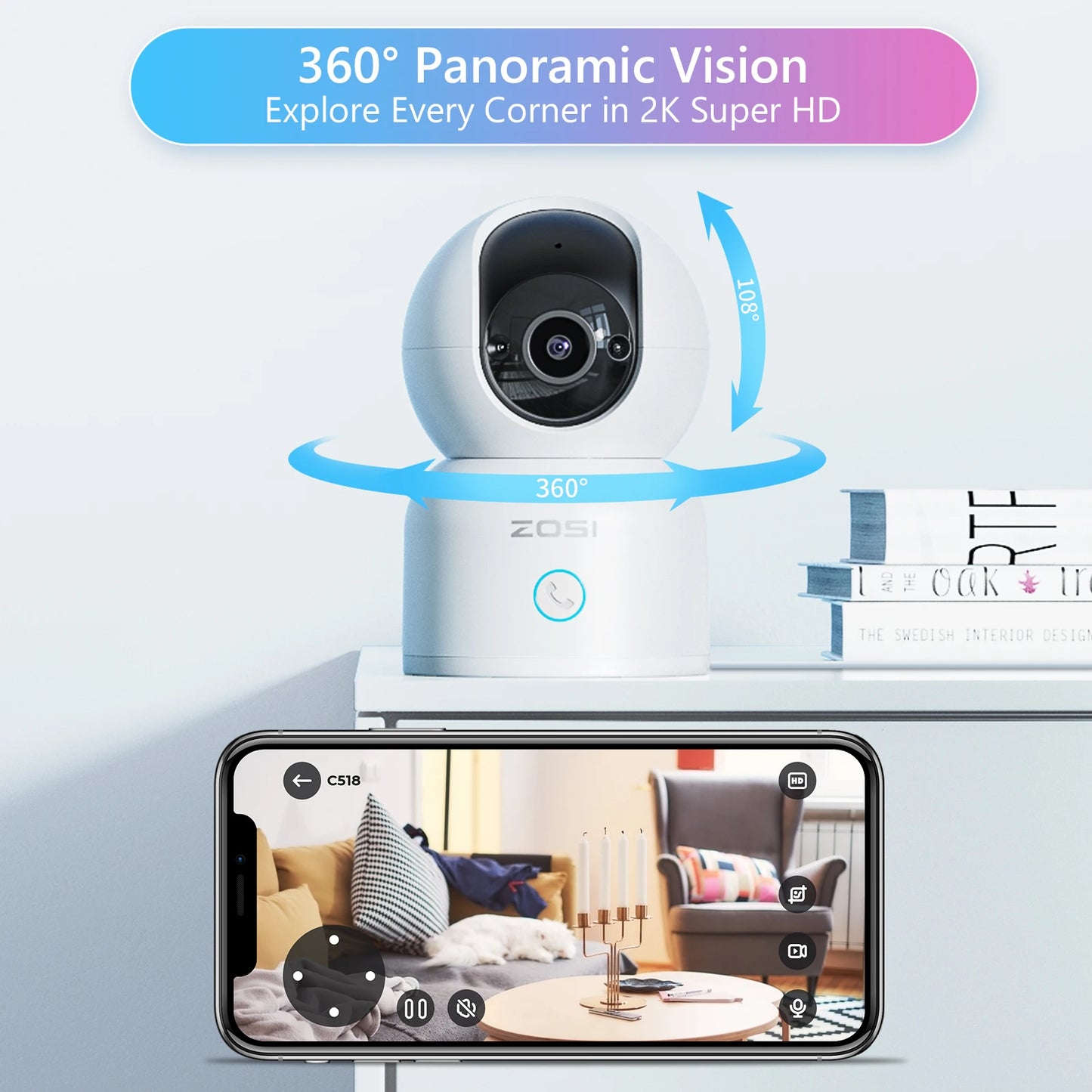 ZOSI C518 Indoor Pan/Tilt Smart Security IP Camera 2K 360° Pet Monitor AI Tracking 2.4G/5G WiFi Surveillance Camera