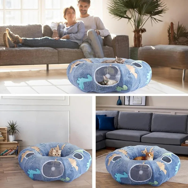 Foldable Cat Tunnel – Interactive Play System with Peekaboo Cave, Plush Bed & 4 Entry Points