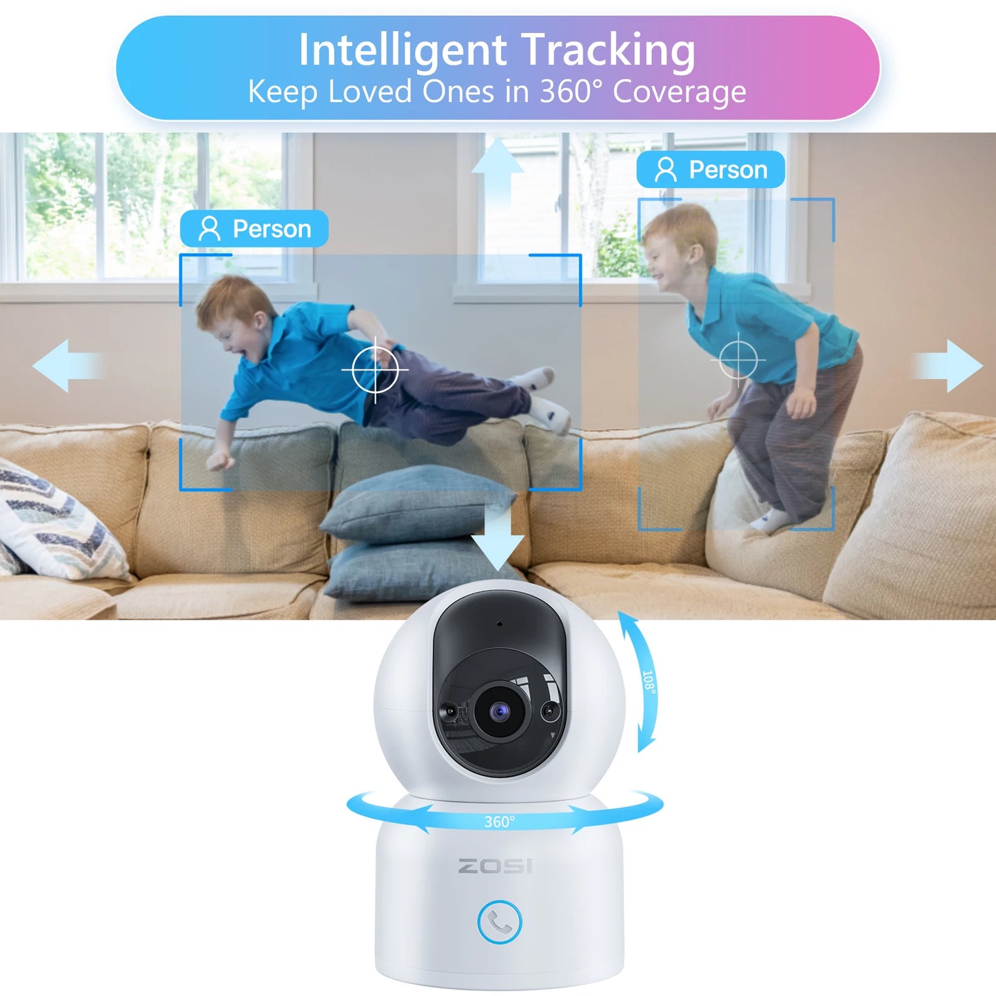 ZOSI C518 Indoor Pan/Tilt Smart Security IP Camera 2K 360° Pet Monitor AI Tracking 2.4G/5G WiFi Surveillance Camera
