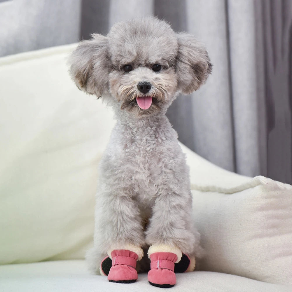 4Pcs Pet Dog Snow Boots Autumn Winter Warm Plush Dog Shoes for Small Medium Dogs Cats S-L Soft with Non-Slip Soles