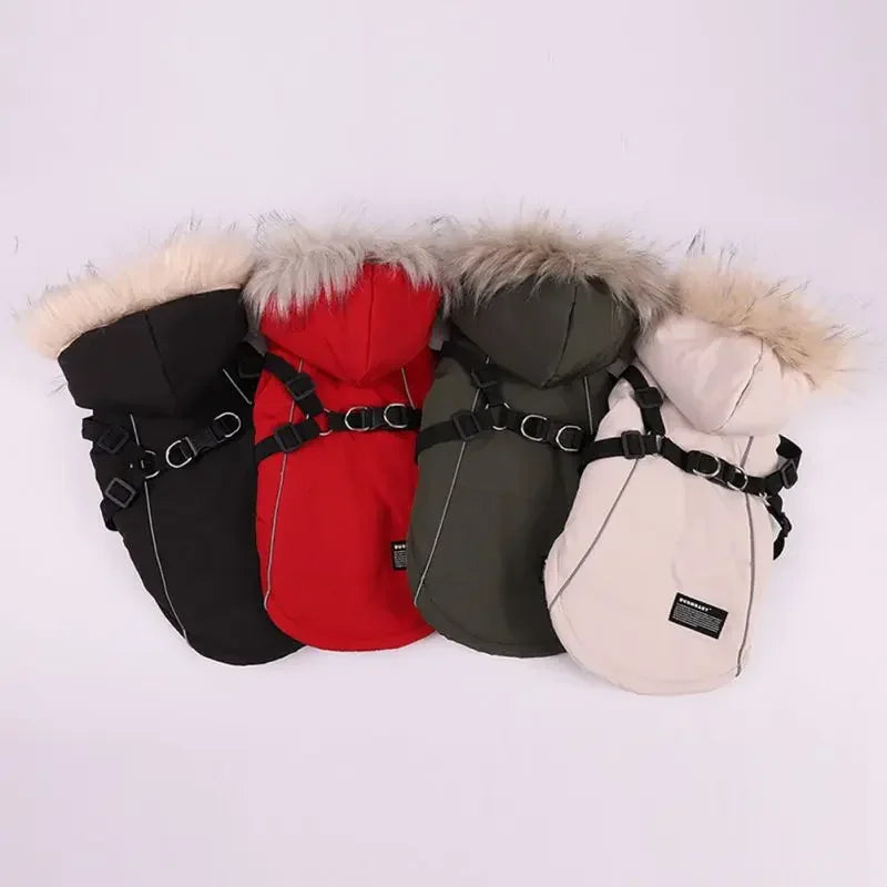 Winter Pet Dog  Jacket With Harness Warm Dog Clothes Waterproof Hooded Coat