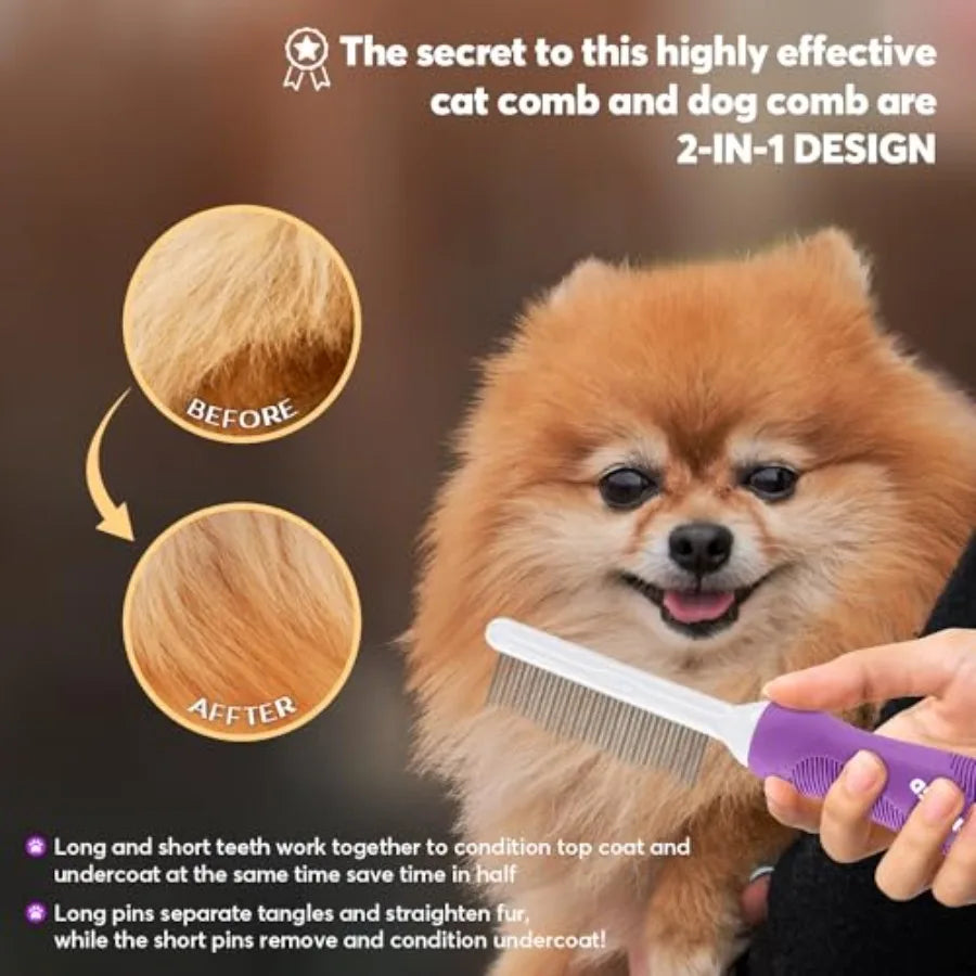 Detangling Pet Comb for Dogs Cats with Long Short Stainless Steel Metal Teeth Designed for Removing Tangles and Knots in Both L