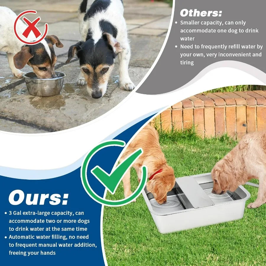 3 Gal Automatic Dog Water Dispenser for Large Dogs Stainless Steel Outdoor Water Bowl Large Breed Self Filling Dog Waterer Feed