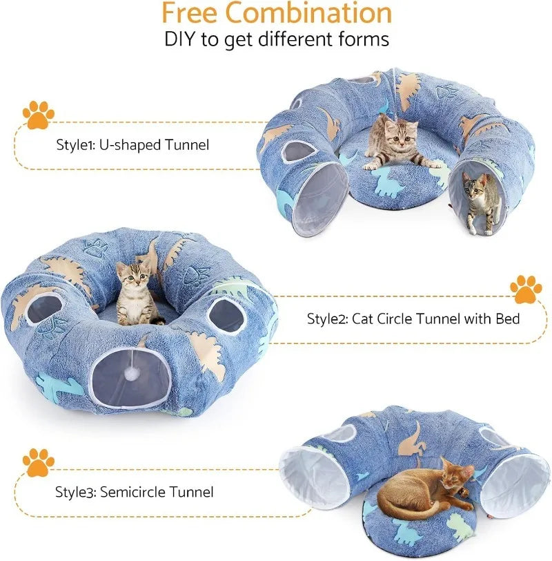 Foldable Cat Tunnel – Interactive Play System with Peekaboo Cave, Plush Bed & 4 Entry Points