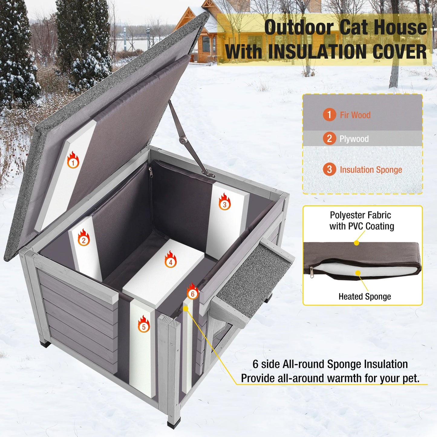 Insulated Wooden Cat House with Soft Liner | Waterproof Roof