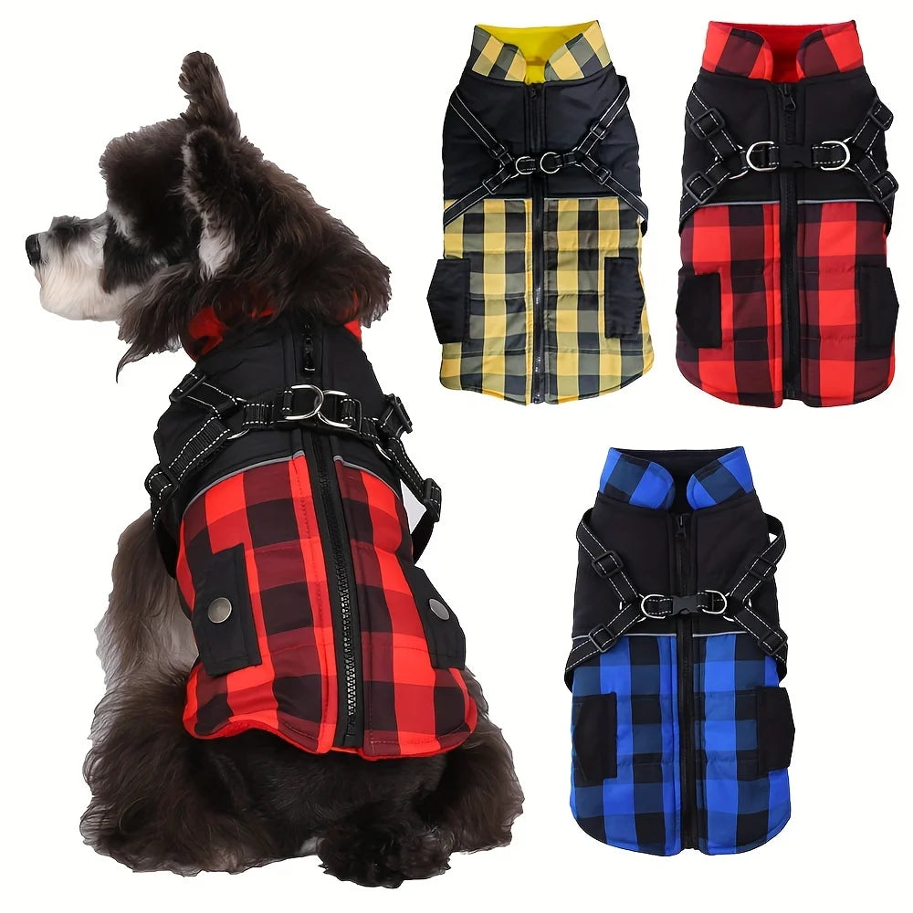 Plaid Thick Padded Jacket With Harness For Cold Weather, Windproof