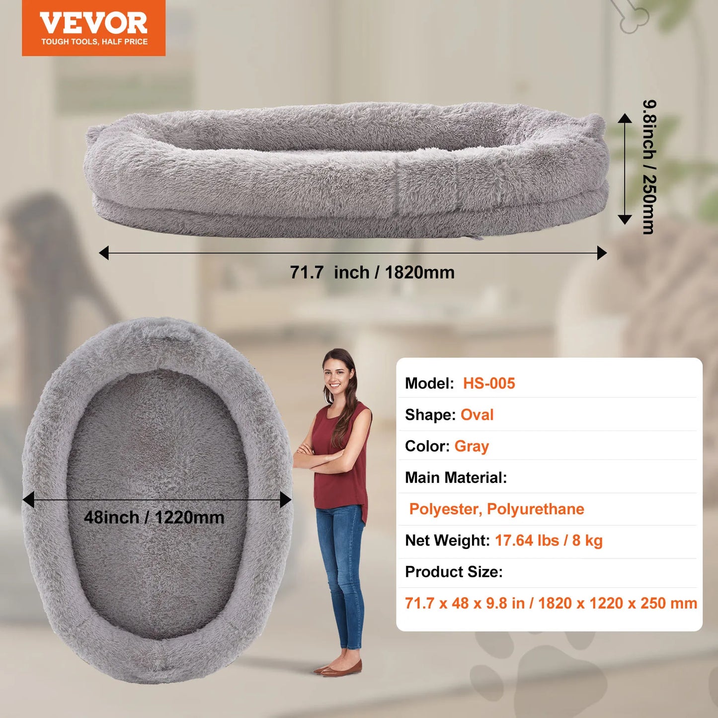 SucceBuy Human Dog Bed Human Dog Bed for Adult Human Size Dog Bed with Washable Faux Rabbit Fur Cover Egg Orthopedic Foam Grey