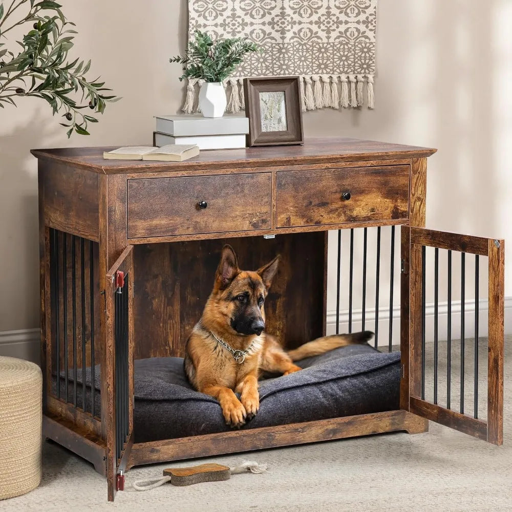 Large 44 Inch Dog Crate Furniture, Wooden Kennel End Table with Storage, Decorative Indoor Pet Cage