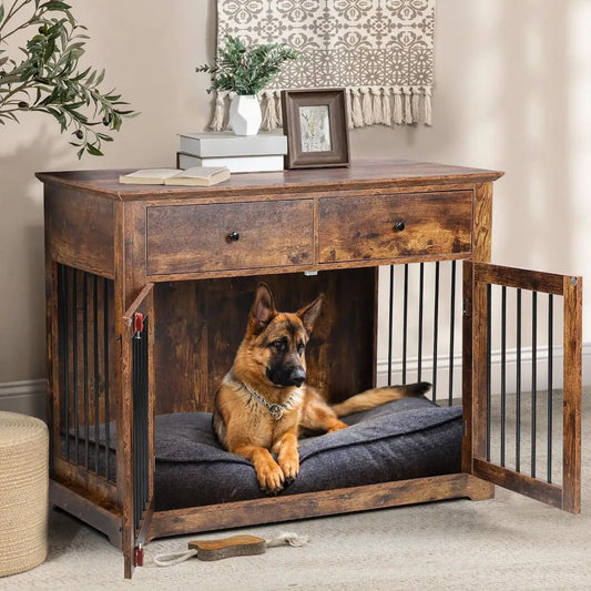 Large 44 Inch Dog Crate Furniture, Wooden Kennel End Table with Storage, Decorative Indoor Pet Cage