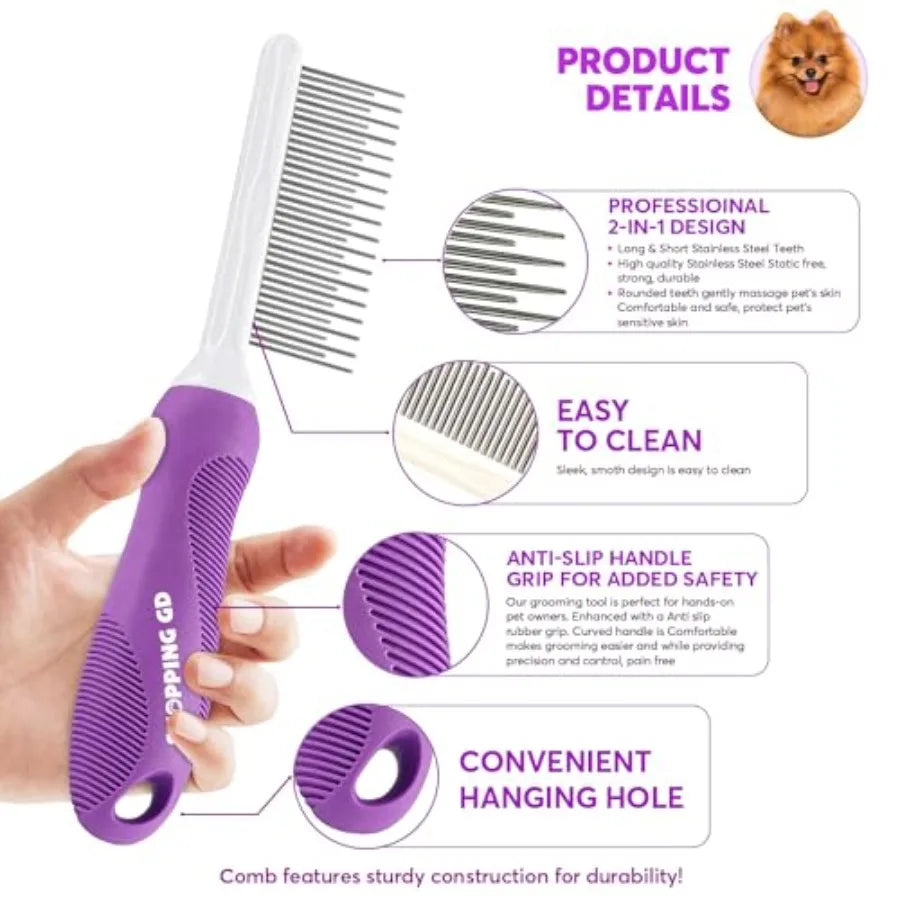 Detangling Pet Comb for Dogs Cats with Long Short Stainless Steel Metal Teeth Designed for Removing Tangles and Knots in Both L
