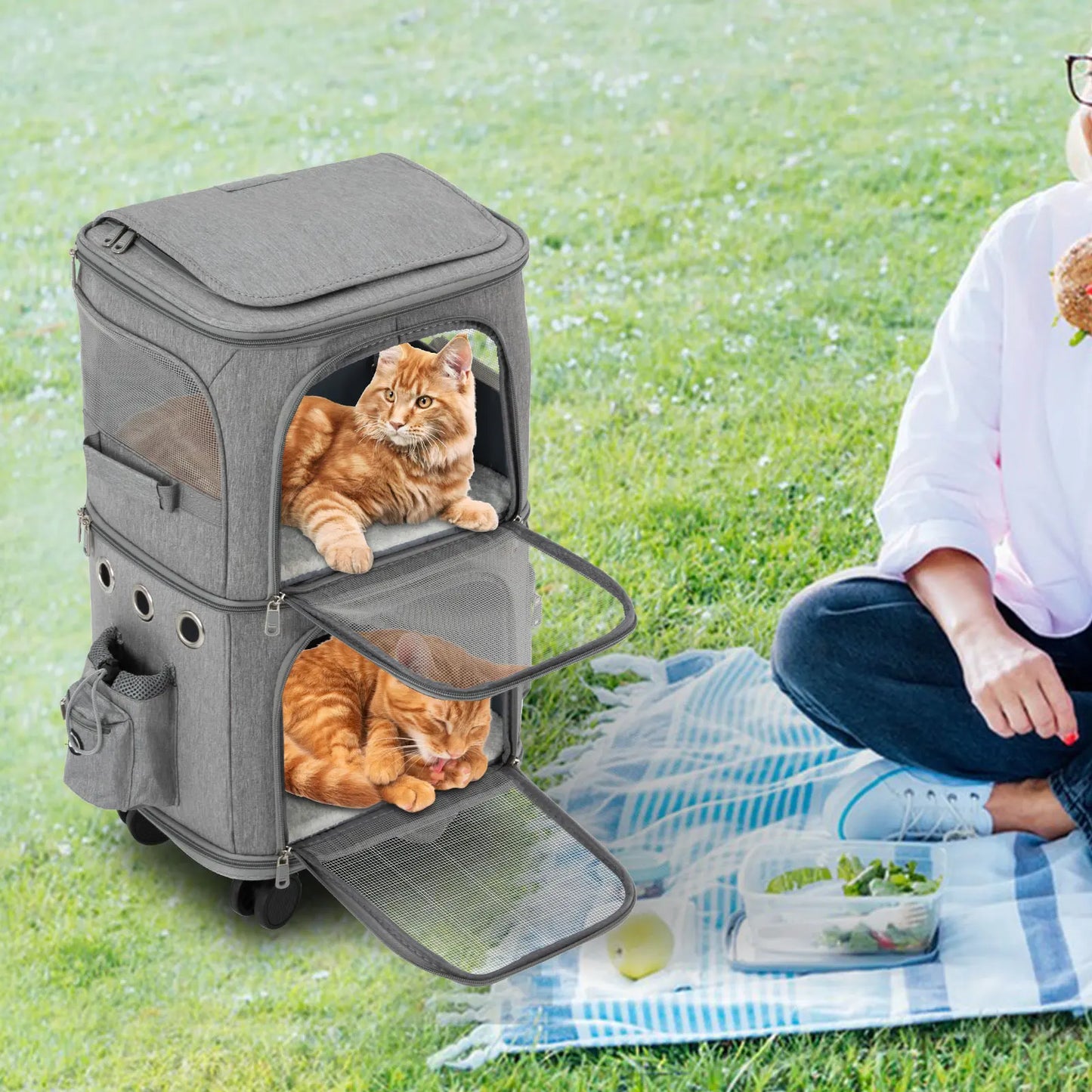 Cat Carrier Double-Compartment Pet Rolling Carrier with Wheels Super Ventilated Design,Ideal for Traveling Camping