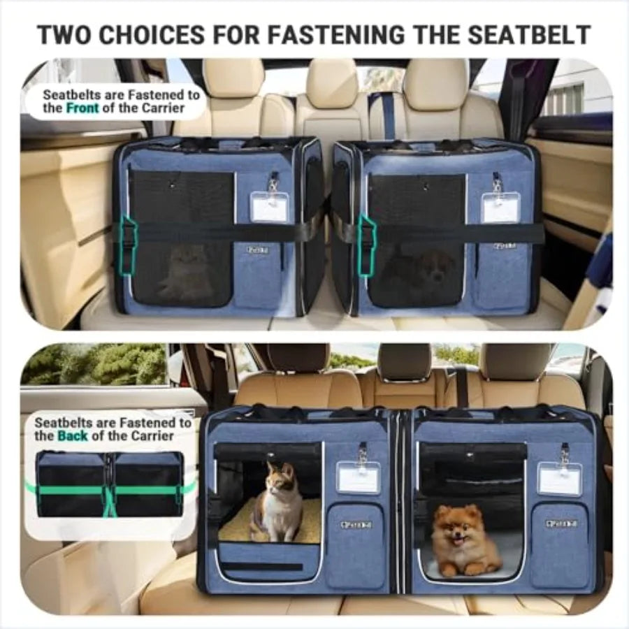 2 in 1 Double Cat Car Travel Carrier with Builtin Litter Box for Multiple Cats 38x17x18 Extra Large Portable Dual Carrier with