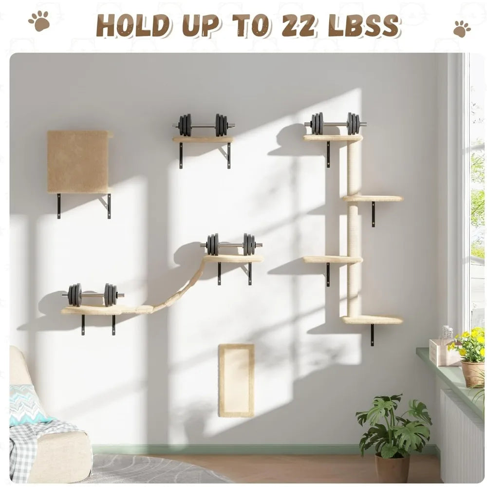 Wall Mounted Cat Furniture Set - 5 Piece Floating Shelves for Cats, Beige Color, Perfect Wall Shelves and Perches for Feline Fri