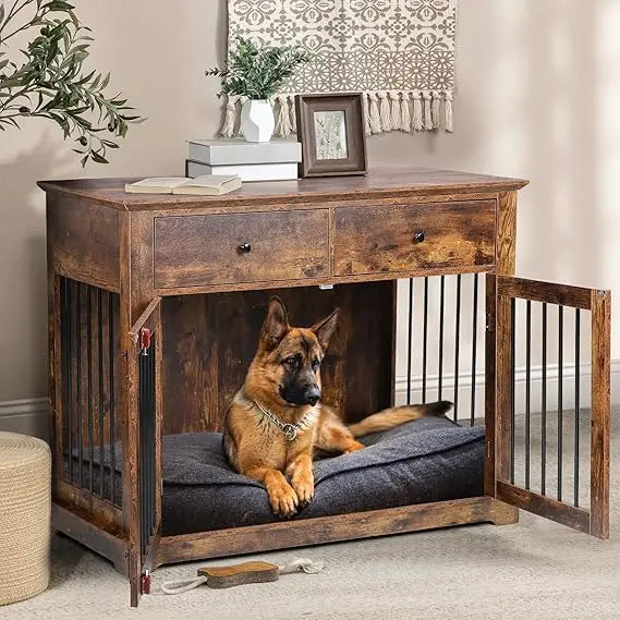 Large 44 Inch Dog Crate Furniture, Wooden Kennel End Table with Storage, Decorative Indoor Pet Cage
