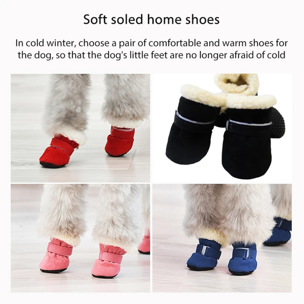 4Pcs Pet Dog Snow Boots Autumn Winter Warm Plush Dog Shoes for Small Medium Dogs Cats S-L Soft with Non-Slip Soles