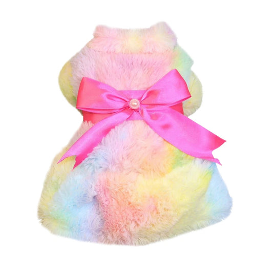 Pet Dog Fluffy Pink Bowknot Skirt Plush Coat Color Coral Fleece Dresses Winter Pet Color Gradient Dress for Small Dog Cat Jacket