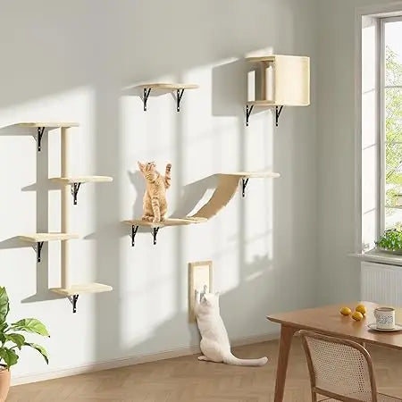 Wall Mounted Cat Furniture Set - 5 Piece Floating Shelves for Cats, Beige Color, Perfect Wall Shelves and Perches for Feline Fri