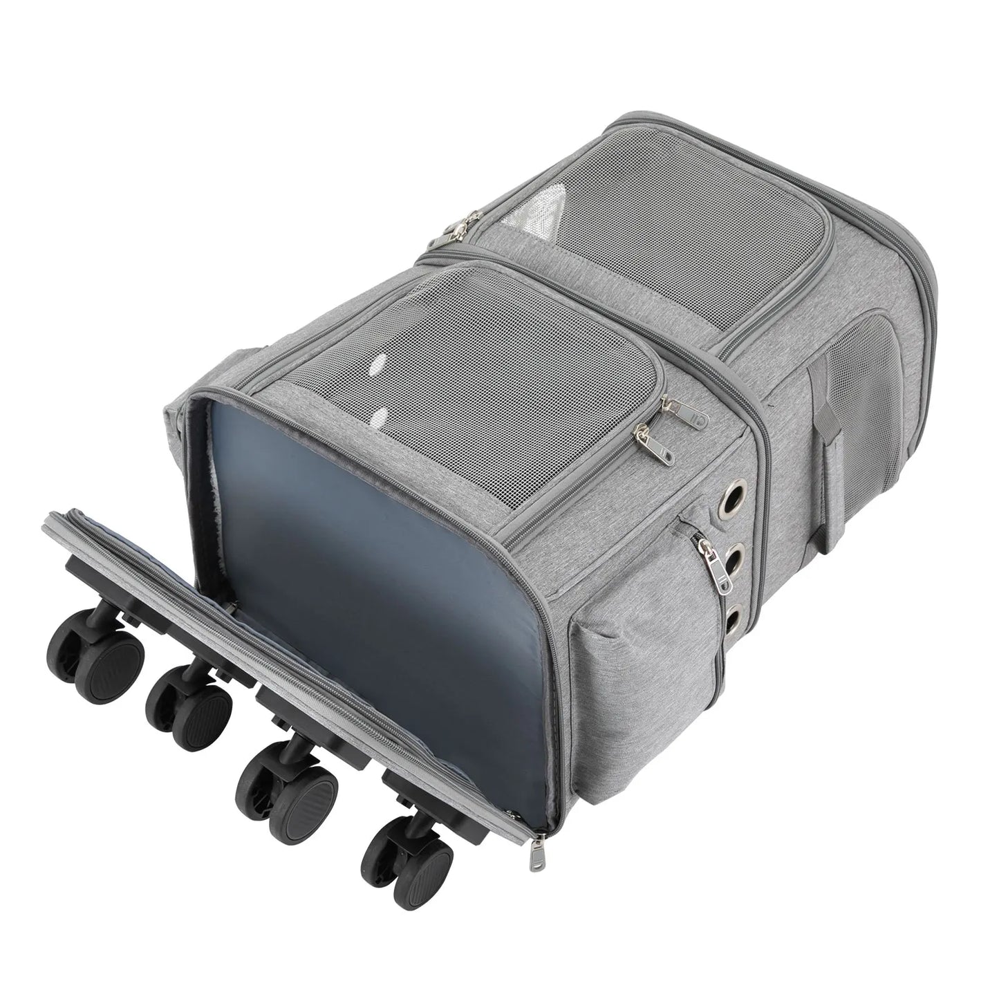Cat Carrier Double-Compartment Pet Rolling Carrier with Wheels Super Ventilated Design,Ideal for Traveling Camping