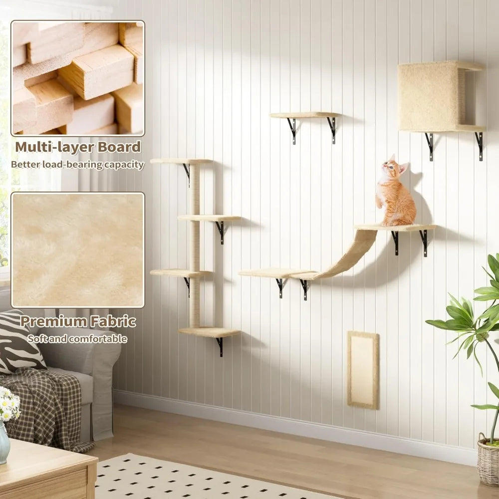 Wall Mounted Cat Furniture Set - 5 Piece Floating Shelves for Cats, Beige Color, Perfect Wall Shelves and Perches for Feline Fri