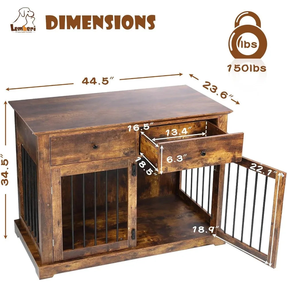 Large 44 Inch Dog Crate Furniture, Wooden Kennel End Table with Storage, Decorative Indoor Pet Cage