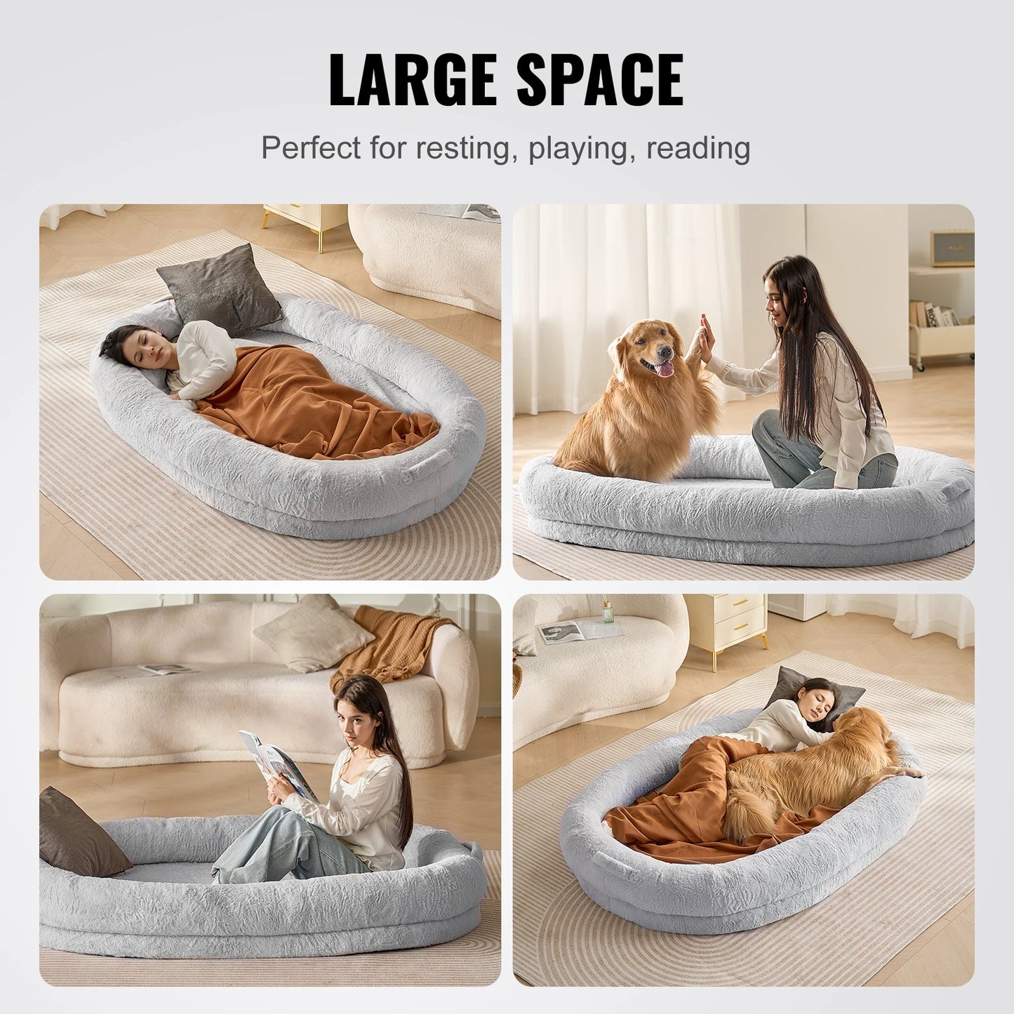 SucceBuy Human Dog Bed Human Dog Bed for Adult Human Size Dog Bed with Washable Faux Rabbit Fur Cover Egg Orthopedic Foam Grey