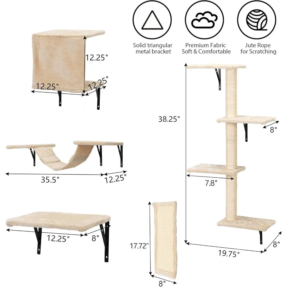 Wall Mounted Cat Furniture Set - 5 Piece Floating Shelves for Cats, Beige Color, Perfect Wall Shelves and Perches for Feline Fri