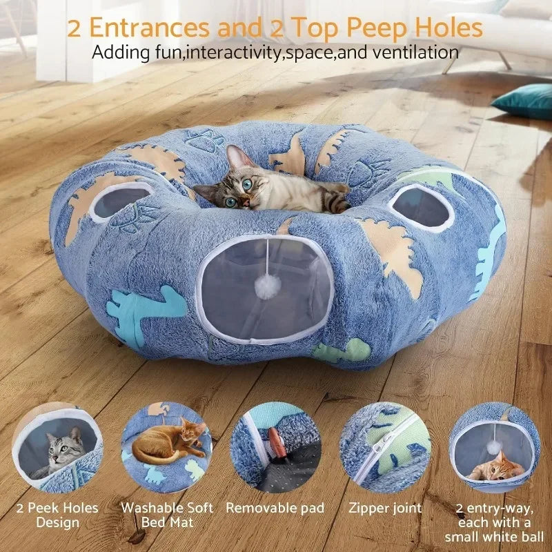 Foldable Cat Tunnel – Interactive Play System with Peekaboo Cave, Plush Bed & 4 Entry Points