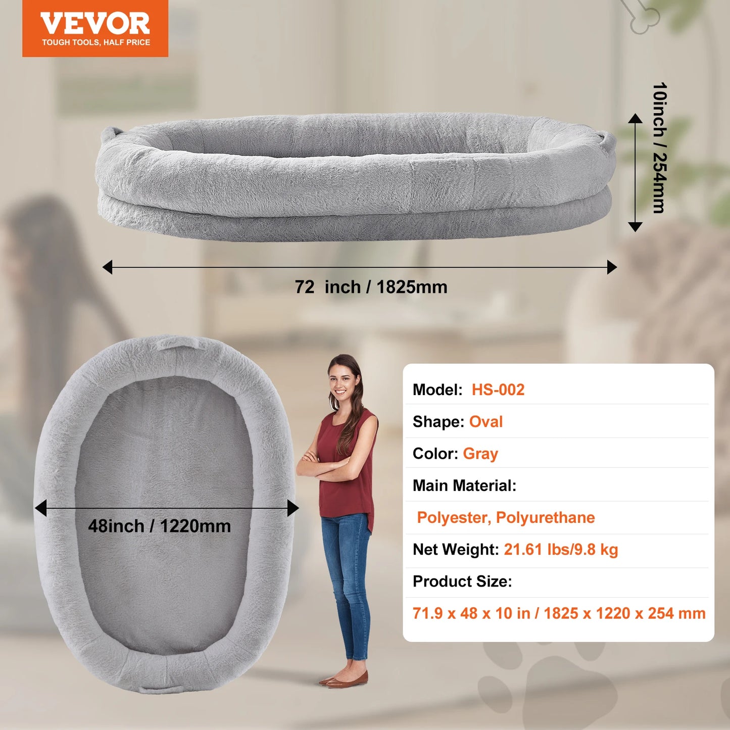 SucceBuy Human Dog Bed Human Dog Bed for Adult Human Size Dog Bed with Washable Faux Rabbit Fur Cover Egg Orthopedic Foam Grey