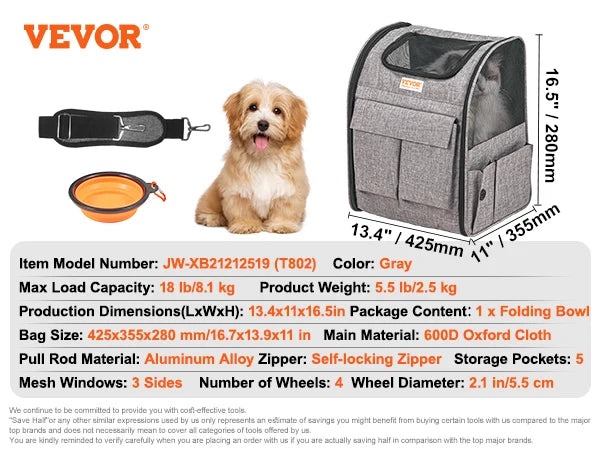 SucceBuy Pet Carrier Breathable Outgoing Dog or Cat Carry Backpack with Telescopic Handle Wheels and Shoulder Strap for Travel Trip