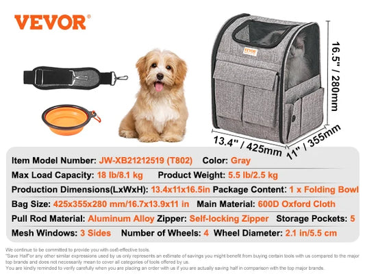 SucceBuy Pet Carrier Breathable Outgoing Dog or Cat Carry Backpack with Telescopic Handle Wheels and Shoulder Strap for Travel Trip