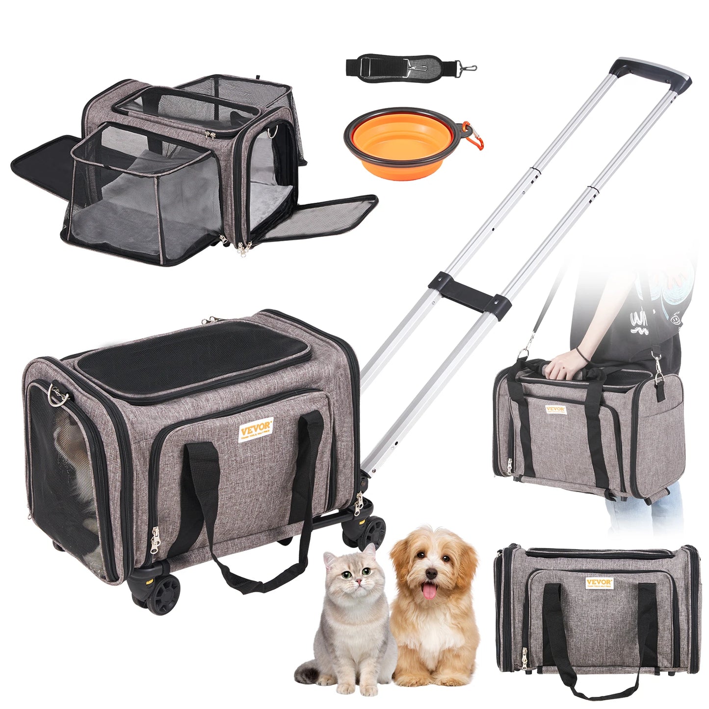 SucceBuy Pet Carrier Breathable Outgoing Dog or Cat Carry Backpack with Telescopic Handle Wheels and Shoulder Strap for Travel Trip