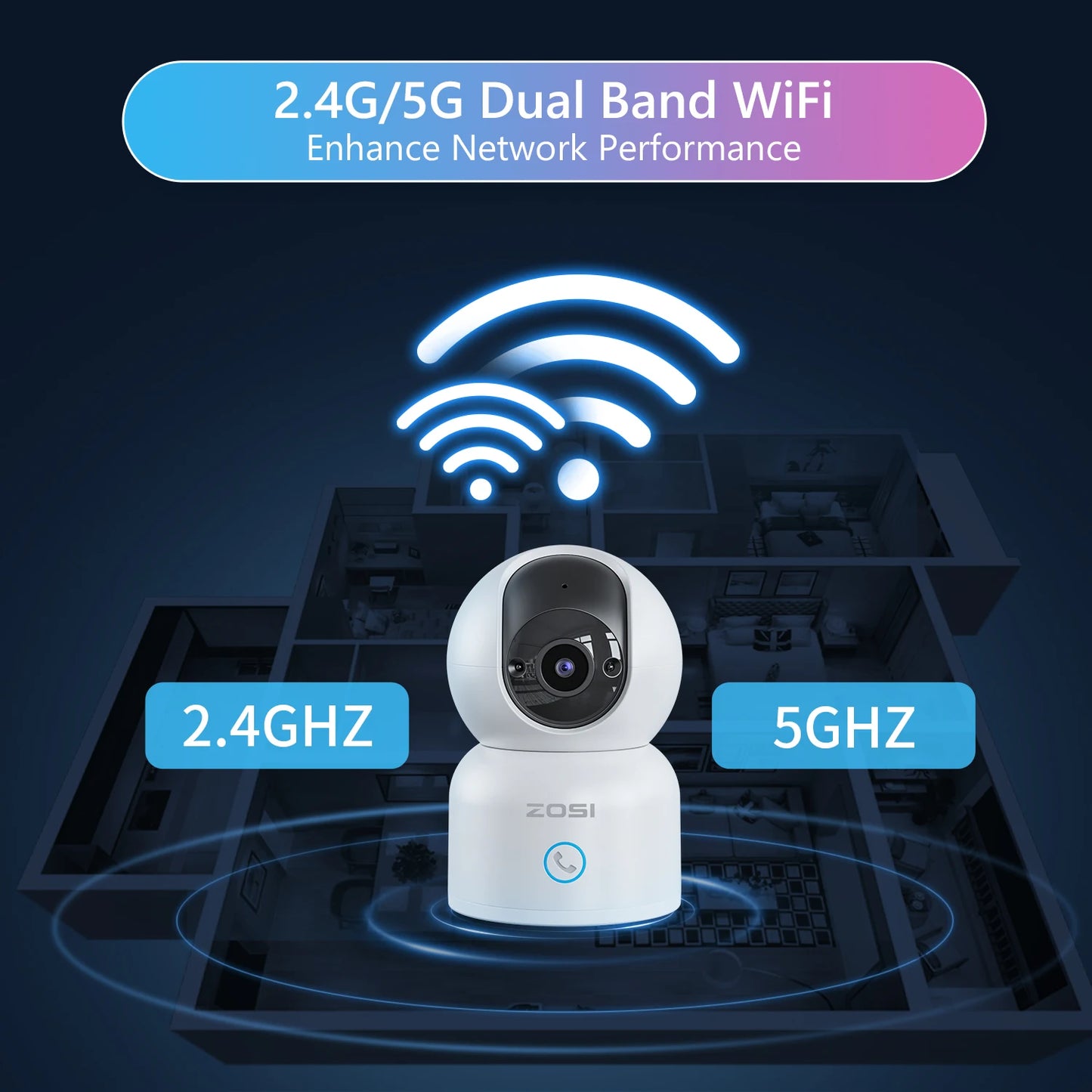 ZOSI C518 Indoor Pan/Tilt Smart Security IP Camera 2K 360° Pet Monitor AI Tracking 2.4G/5G WiFi Surveillance Camera