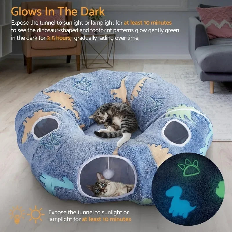 Foldable Cat Tunnel – Interactive Play System with Peekaboo Cave, Plush Bed & 4 Entry Points
