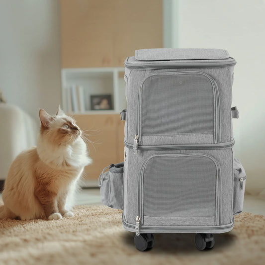 Cat Carrier Double-Compartment Pet Rolling Carrier with Wheels Super Ventilated Design,Ideal for Traveling Camping